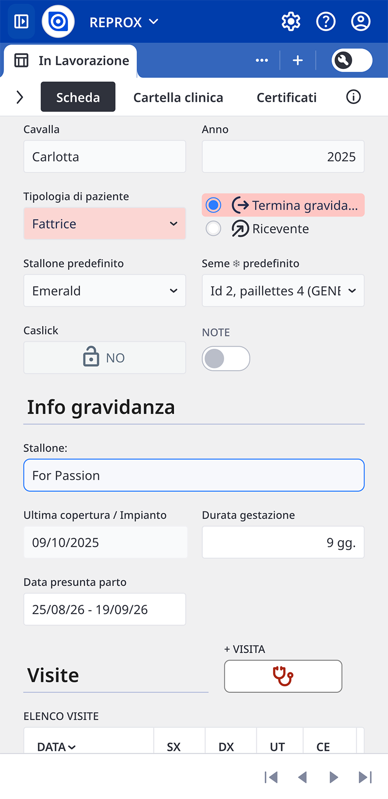 Gestione di cicli e fecondazioni in REPROX